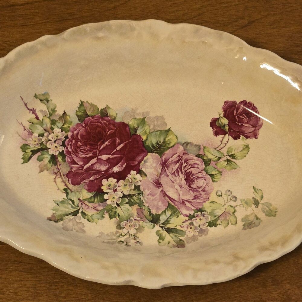 Antq Vtg HOMER LAUGHLIN Hudson Platter Painted Floral Gold Scalloped Edge 12 X 9 - Picture 4 of 9